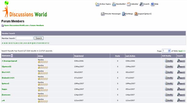 Discussion Forum Website Members Listing Page