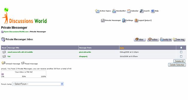 Discussion Forum Website Private Inbox Display Page
